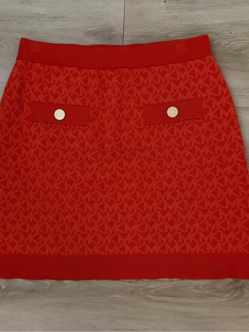 Michael Kors Red Jacquard MK Logo Mini Skirt with Gold Buttons